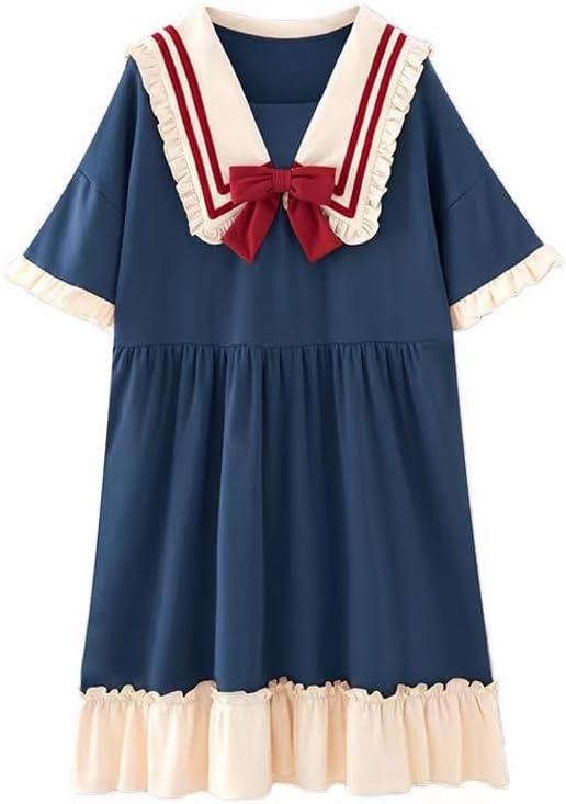 パジャマ 春夏 セーラー風 女の子 ワンピース 上下セット 半袖 ネグリジェ レディース ゆったり リボン 蝶結び かわいい フリル 2点 ルームウェア 学生 萌え萌え 二次元 漫画風 ネイビー 紺色