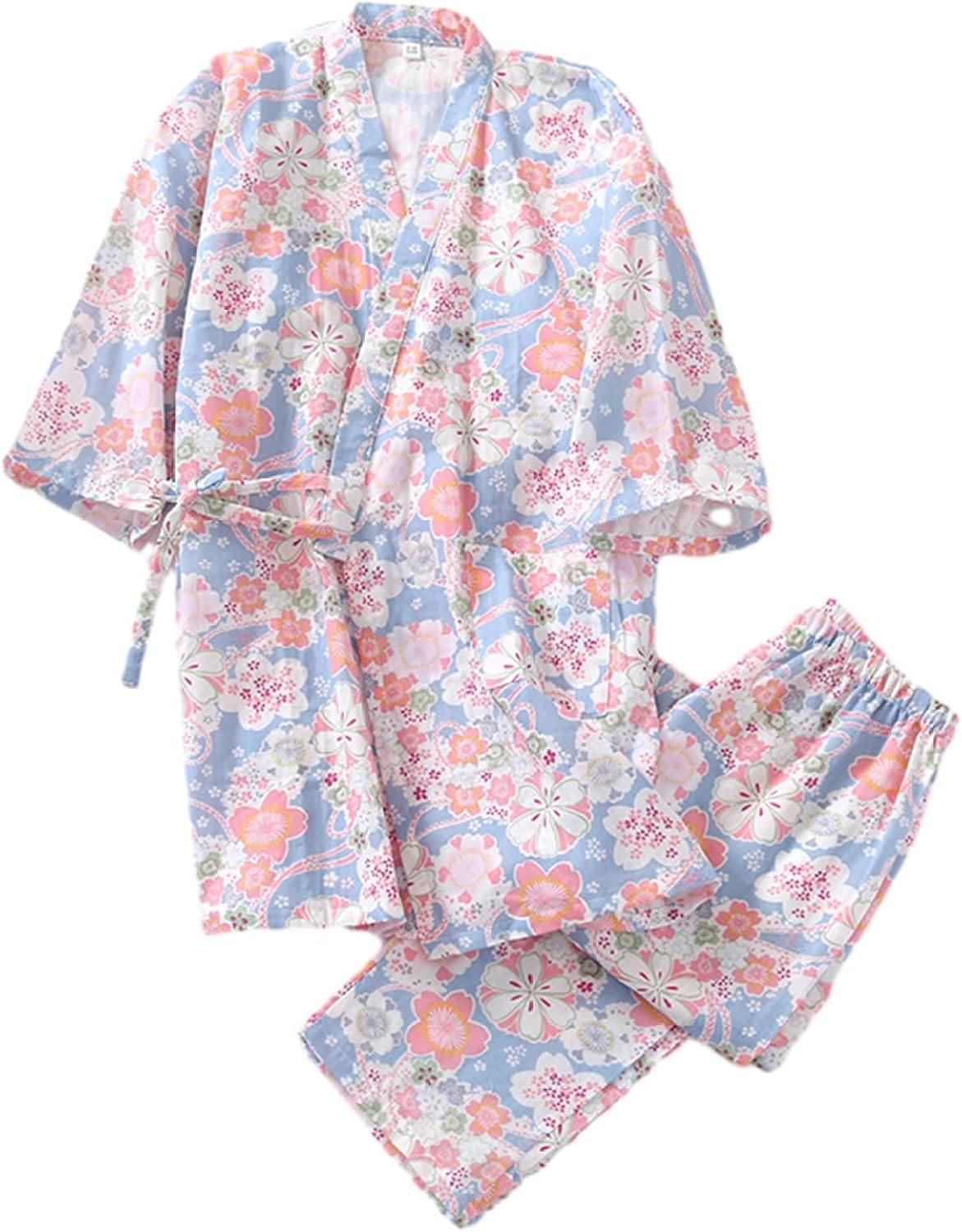 和式パジャマ ガーゼ寝巻き 桜柄 扇子柄 レディース 上下セット 綿100 7分袖 ロングパンツ 羽織 和風和柄 浴衣 前開き ガウン 女性 可愛い ルームウェア ナイトウェア リラックス 柔らか 春