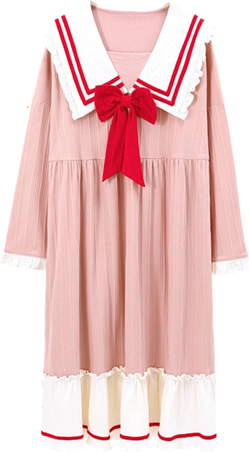 パジャマ ワンピース 姫系 ネグリジェ レディース 綿100 春秋用 夏着 長袖 リボン フリル ハート 丸首 セーラー 薄い ロング丈 部屋着 寝間着 便利服 乾燥肌 肌触りがいい 可愛い 大きいサ