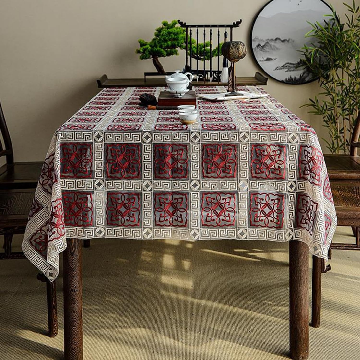 レース テーブルクロス 食卓カバー テーブルカバー 中国風 レトロ 刺繍 薄手 長方形 テーブルマット テーブル掛け 静音 軽量 多用途 ダイニング 気分転換 レッド