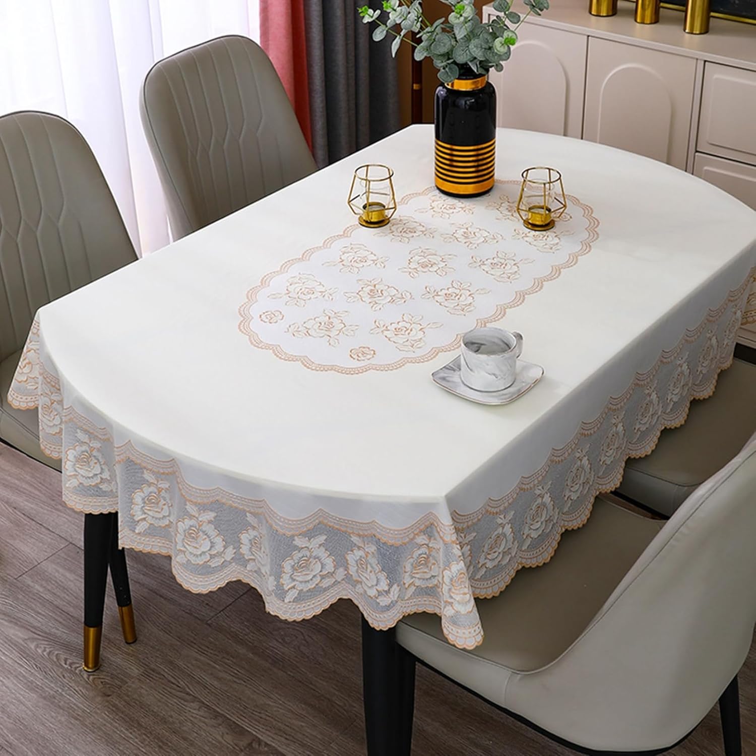 テーブルクロス PVC 北欧 食卓カバー 楕円 欧風 オシャレ レース花柄 防油 食卓クロス 軽量 汚れ防止 長方形 テーブルマット 家庭用 パーティー インテリア 春夏秋冬 コーヒー｜サステナライフ