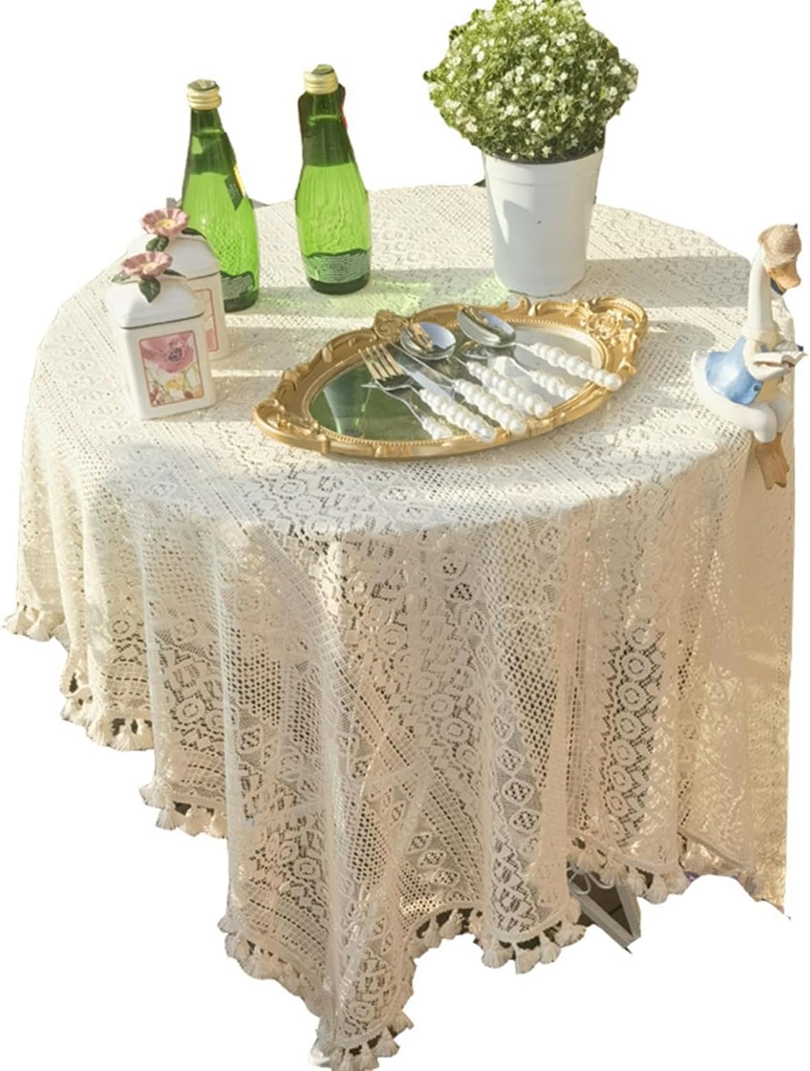 テーブルクロス レース 食卓カバー レトロ 透かし彫り 欧風 おしゃれ 花柄 刺繍 薄手 フリンジ 長方形 田園風 テーブルカバー 防音 軽量 長机用 家庭用 パーティー オールシーズン イエロー|サステナライフ