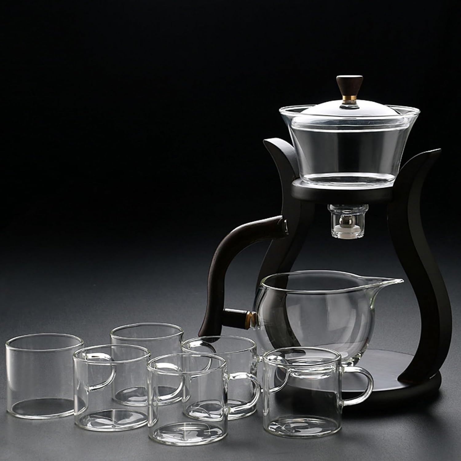 半自動 ティーセット 7点セット ドリップティーポット 耐熱 ガラス 急須 茶器 磁気 水流回転 ティーメーカー カップ付き 茶こし付 番茶器セット 紅茶 緑茶 日本茶 家庭用 来客用 プレゼント