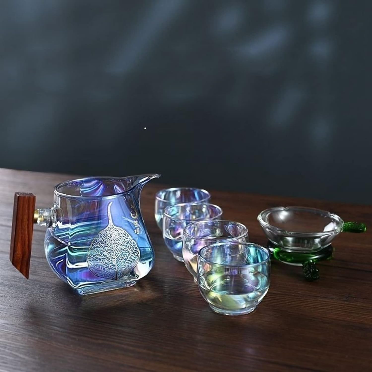 工夫茶セット グラス コップ ポット ティーカップ 多彩 葉柄 4客セット 茶漉し付き 手つくり 耐熱ガラス マグカップ アフタヌーンティー 中華風 ヴィンテージ おしゃれ オリジナル プレゼント ギ