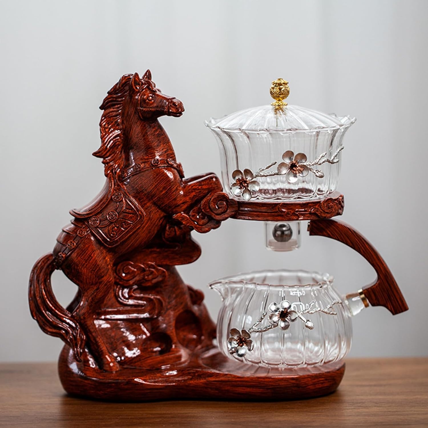 半自動 ティーセット 3体分割 馬 ドリップティーポット ガラス 耐熱 茶器セット 磁気 水流回転 ティーメーカー 湯呑み 茶こし付 煎茶器セット 紅茶 緑茶 日本茶 飲食店用 旅行茶具 プレゼント