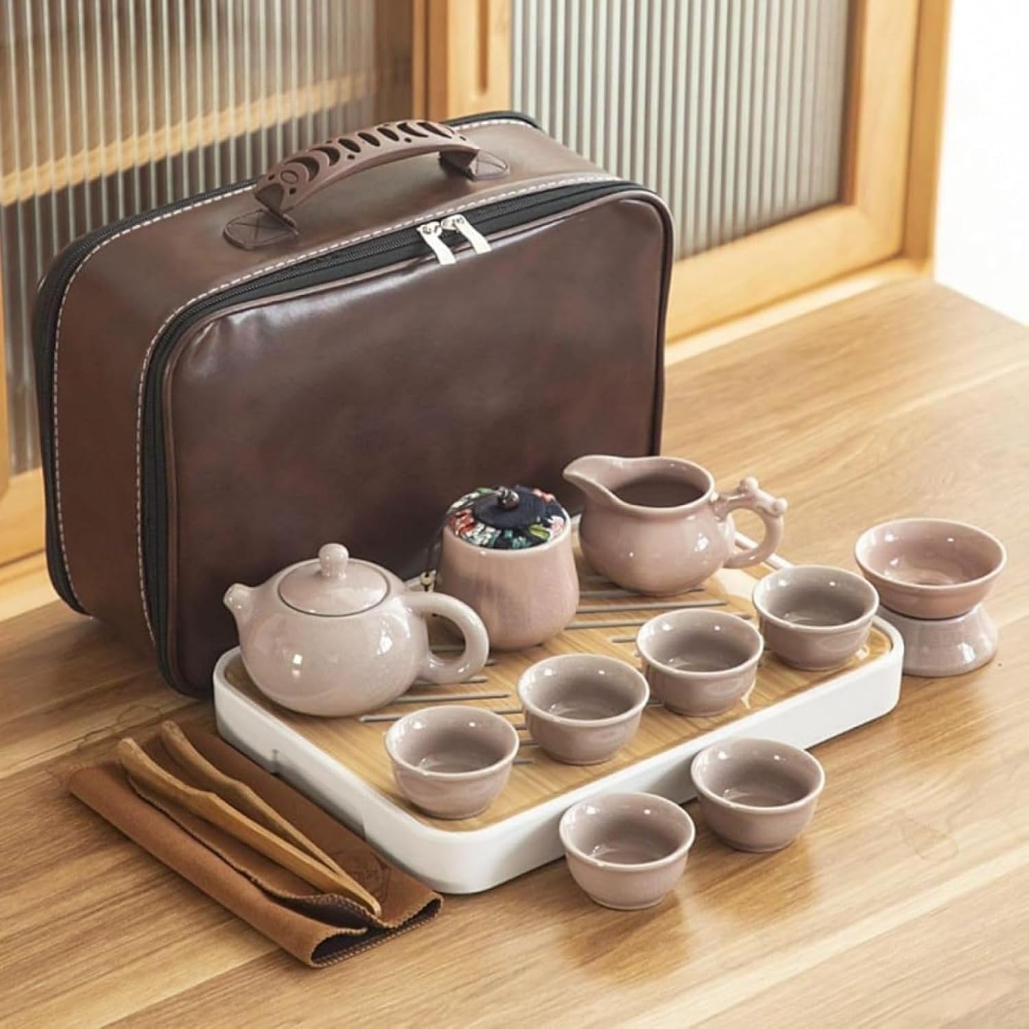 陶器湯呑みセット 急須 ティーセット 陶瓷 茶入 携帯用 旅行 専用保護ケース付き ティートレー 茶缶 超軽量 持ち運び便利 ポータブル シンプル 無地 工芸茶 ギフトセット 緑 登山 車載 レッド｜サステナライフ