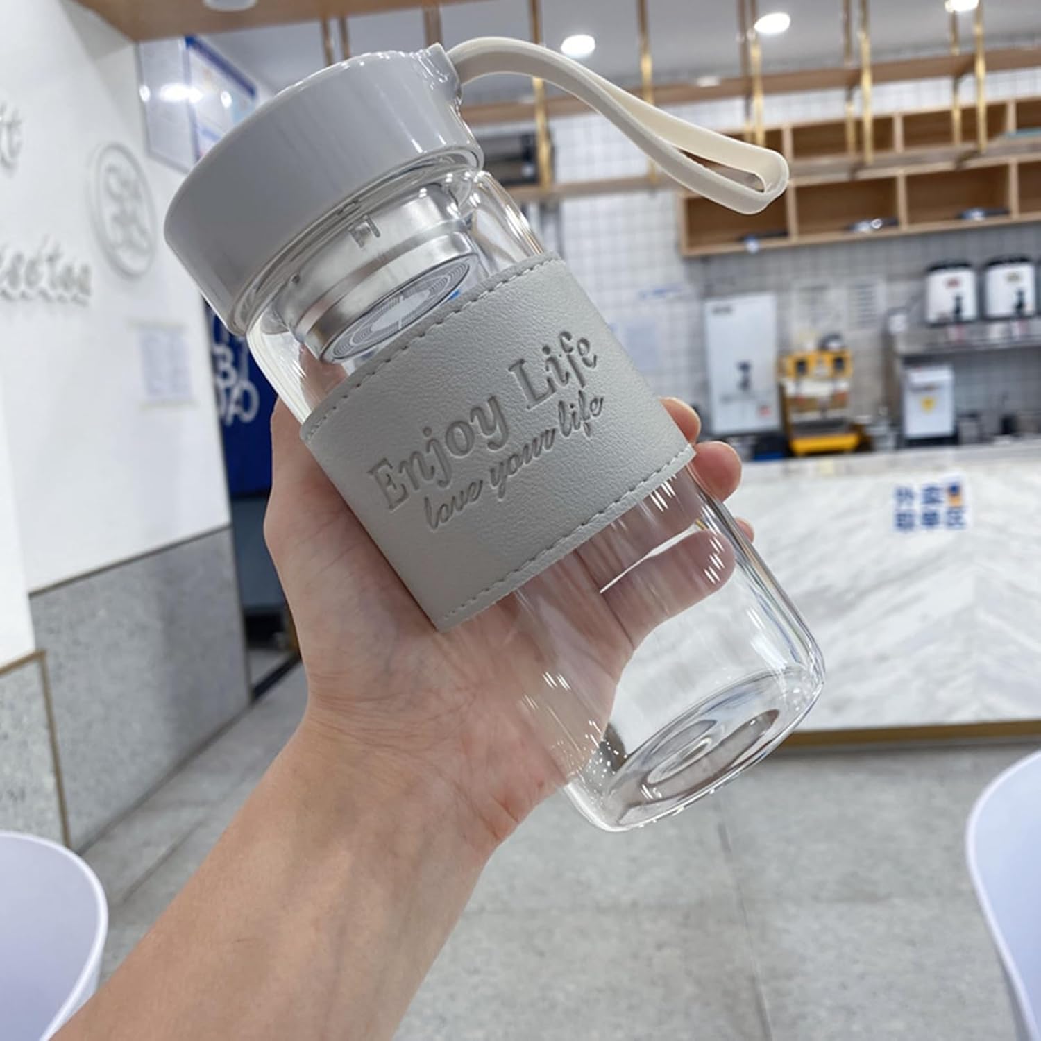 470ml 水筒 ウォーターボトル 茶こし 耐熱ガラス キャリーハンドル付き タンブラー クリア 直飲み 無鉛 広口タイプ あらいやすい 給水 お茶入れ 耐衝撃性 漏れのない 学生 大人用 部屋用 フ