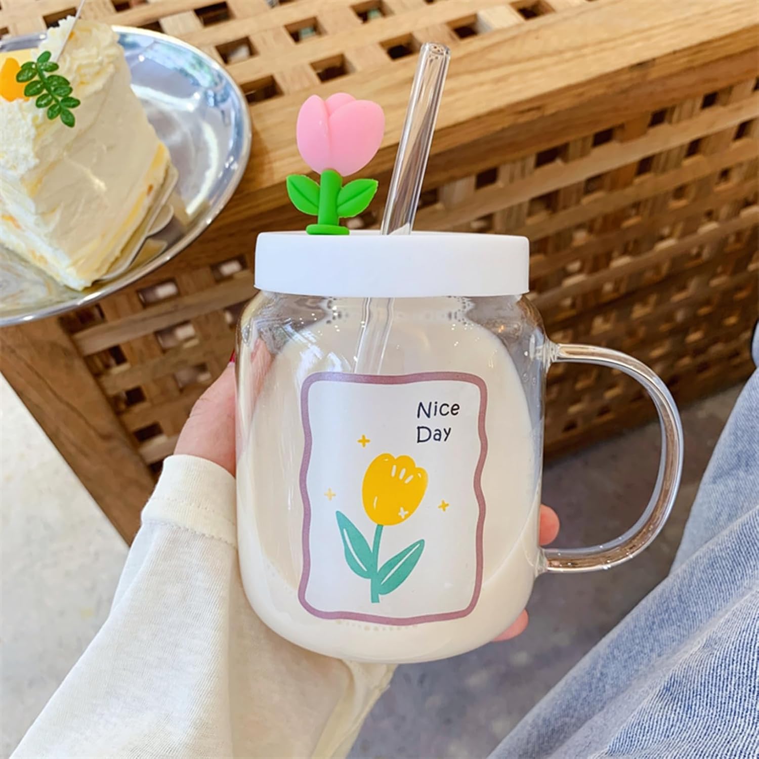 ガラスボトル 水筒 お花 ウォーターボトル 蓋付き 直飲み クリア ストロー フラワー 水分補給 保冷 保温 無鉛 耐衝撃性 携帯便利 オシャレ かわいい 女性用 学生 通勤 散歩 勤務先 部屋用 ホ