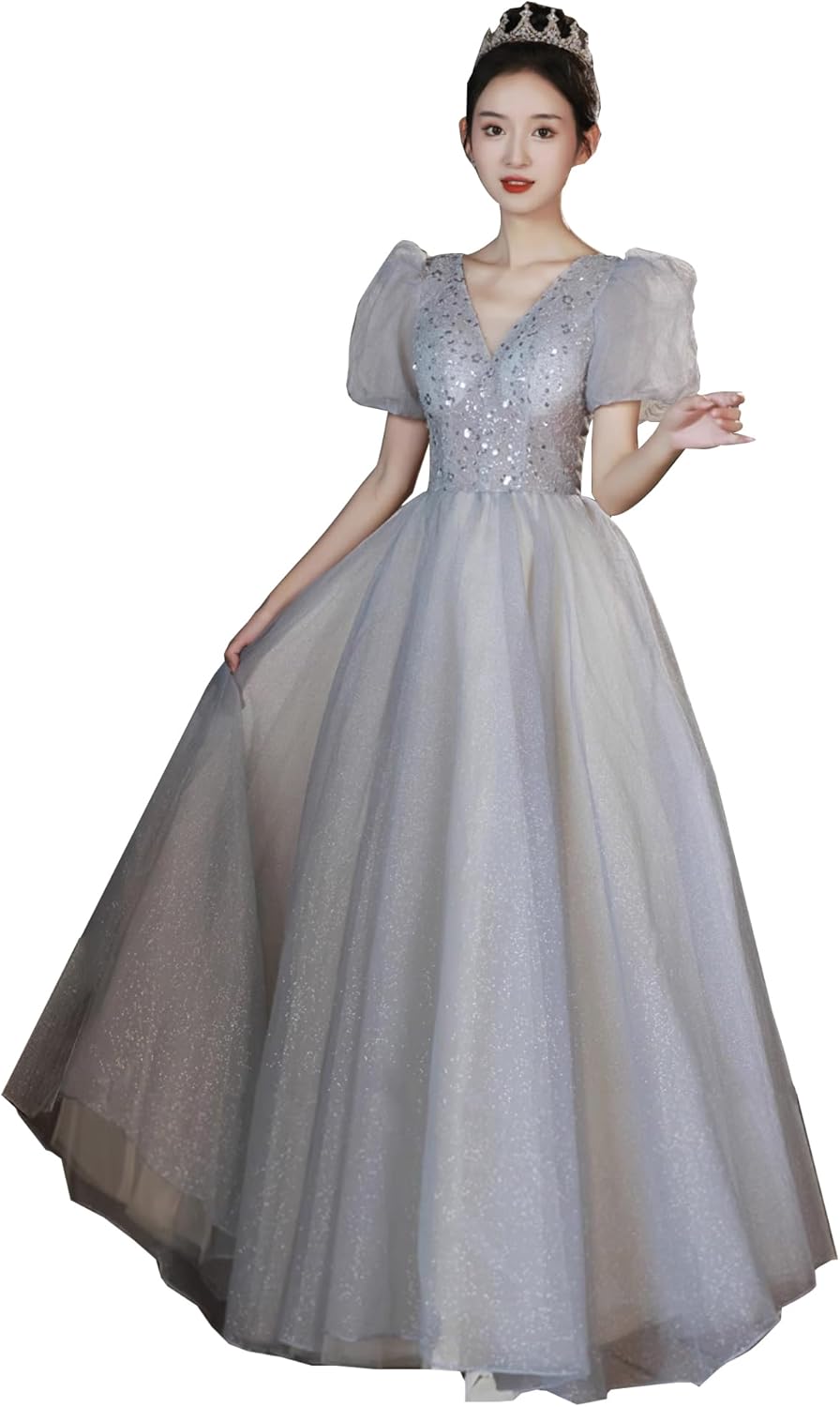結婚式成人式パーティードレス ロング丈 優雅 深Vネック ワンピース レディース 上品 ポンポンスカート 釘珠 イブニングドレス 演奏会 大きいサイズ 舞台衣装