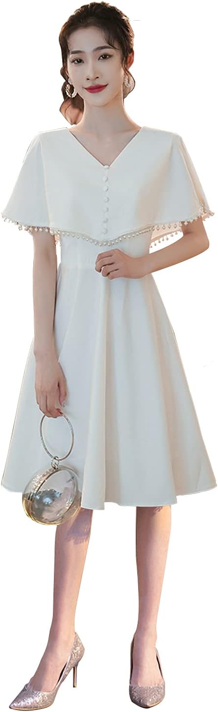 ミモレ丈 ウエディングドレス 綺麗 ホワイト パーティードレス かわいいし 結婚式 ワンピース 普段着 姫系ドレス 縫いの人造真珠装飾｜サステナライフ