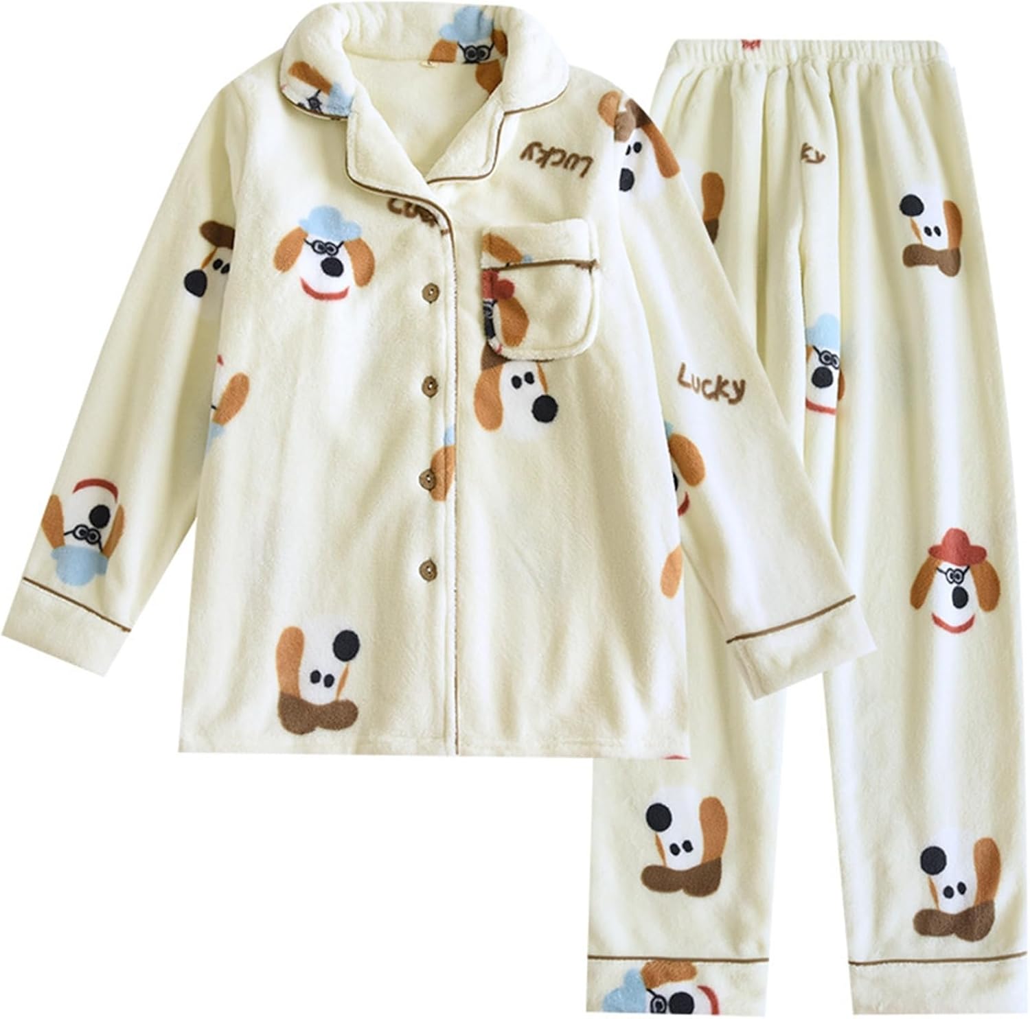 パジャマ フランネル レディース 犬柄 可愛い もこもこ ルームウェアセット 両面起毛 二点セット 安眠 ボアフリース 厚手 ふわふわ 前開き 寝巻き 部屋着 あったか 肌に優しい ゆったり 産後 防｜サステナライフ 8,389円