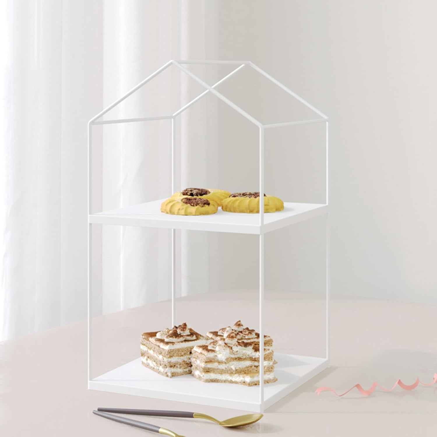 ケーキスタンド お菓子皿 2層 ケーキトレイ フルーツトレイ デザート用品 チョコレートカップ ティータイム 四角 家の形 スナック表示板 お菓子皿 ボウルデザート アフタヌーンティー ホテル お茶会