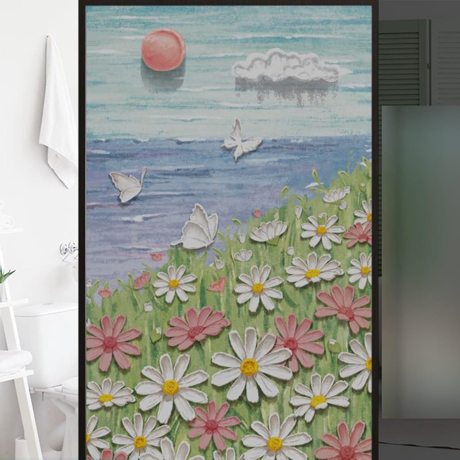窓目隠しシール 花柄窓フィルム 絵画 真っ黒フィルム 70*100cm 断熱シート プライバシーフィルム 可愛い ガラスシート 窓用フィルム 外から見えない 貼ってはがせる すりガラス風シート おしゃ