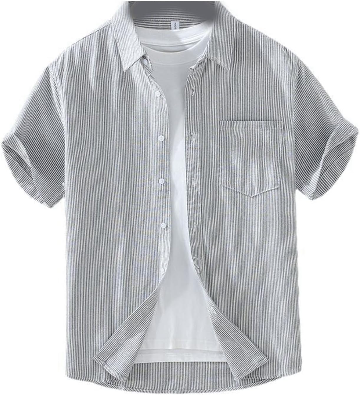半袖シャツ ストライプシャツ 綿100% メンズ 夏服 ボタンダウン 前開き 日焼け止め 汗染み防止 ゆる ルーズ ビーチ ゴルフウェア アウトドア 通気性 吸汗 ベーシック シンプル