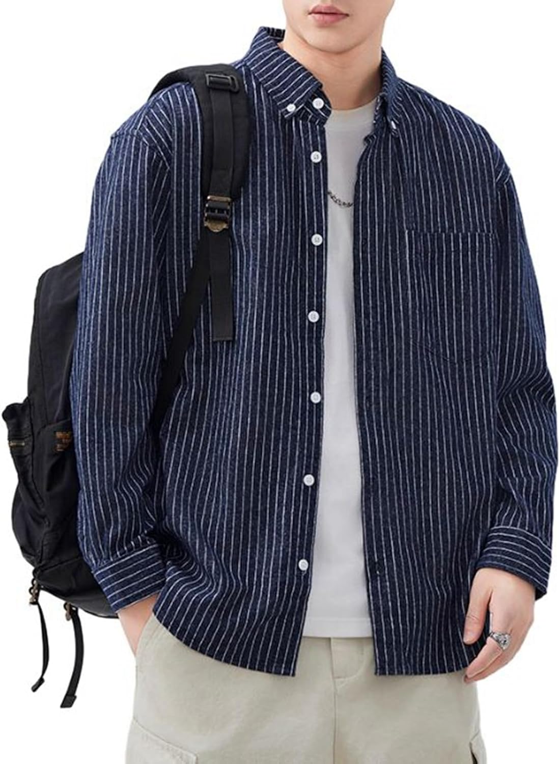 ストライプ柄 長袖シャツ メンズ 綿100% 開襟シャツ M-4XL カジュアル ストライプシャツ アウター 縞柄 春夏秋 ボタンダウン 柔らかい 快適 汗染み防止 吸汗 ワイドサイズ ゆったり シン｜サステナライフ