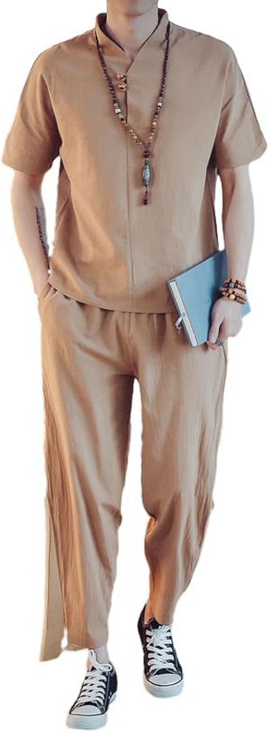 上下セット チャイナシャツ ロングパンツ チャイナトプス vネック 半袖 メンズ 大きいサイズ 夏服 リネン 綿麻 カジュアル 中華服 武術服 セットアップ 太極拳服 唐装 漢服 レトロ シンプル か｜サステナライフ
