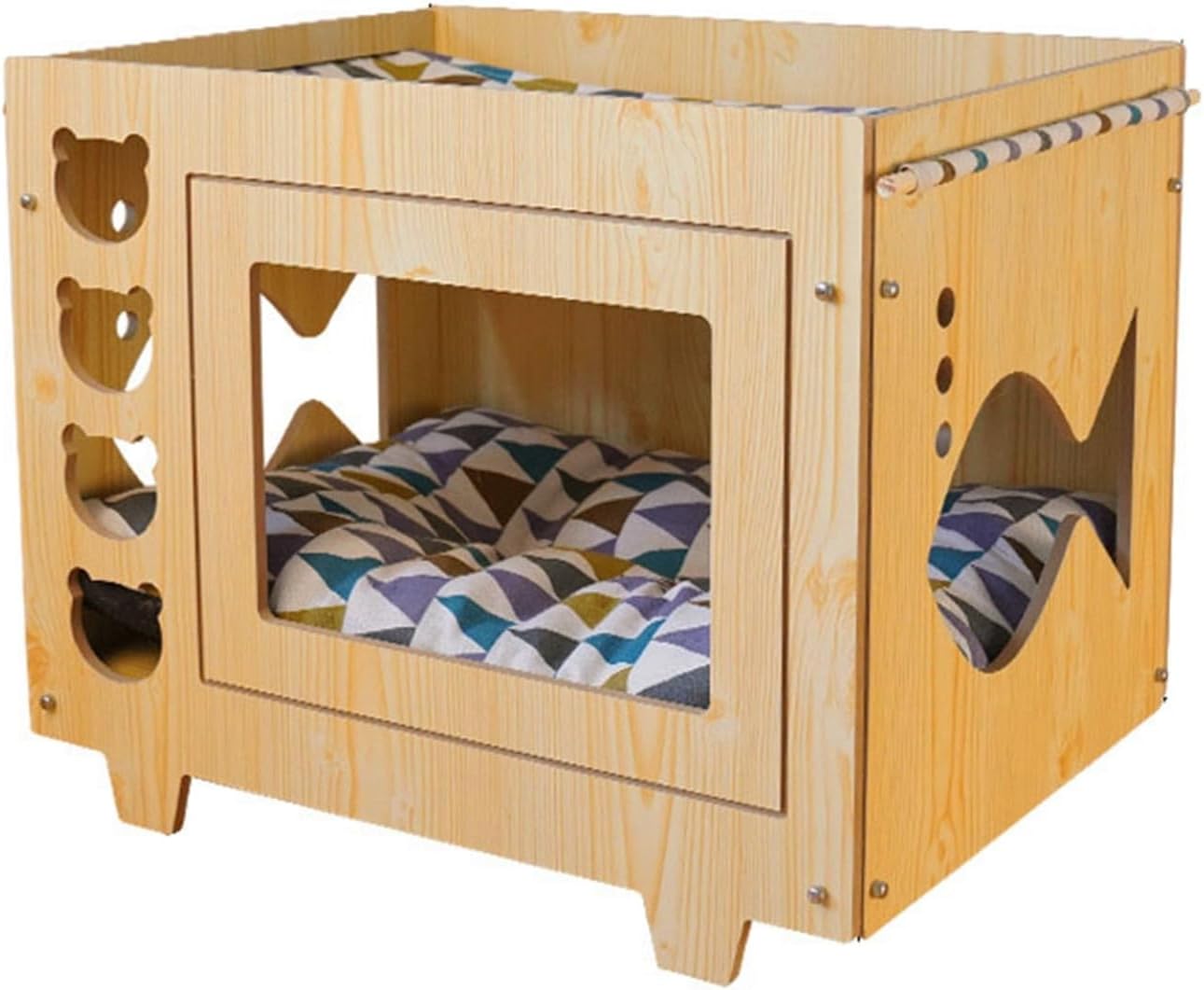 木製品 ペットハウス テレビ型 2層 透かし彫り ペットベッド クッション付き 猫ベッド 子型犬用 室内 室外 両用 お手入れ簡単 耐え噛み 通年適用 寒さ対策 キャット 犬 かわいい 猫の洞窟ベッド