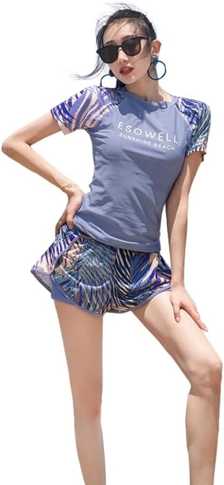 スポーティー水着 レディース フィットネス水着 2点セット 半袖 体型カバー 可愛い セパレート スポーツ風 パッド付き 水遊び 水泳 ブルー 可愛い おしゃれ セクシー カバーアップ水着 ェア 水泳