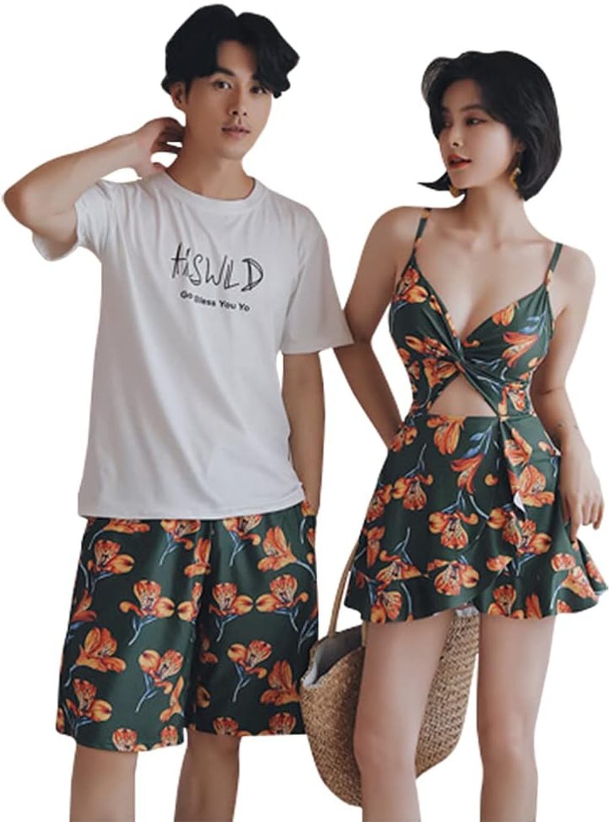 レディース 水着 カップル ビーチウェア 花柄 お揃い メンズ ビキニ セクシー オールインワン水着 ペアルック タンキニ 可愛い 着痩せ ビーチパンツ ペアデザイン