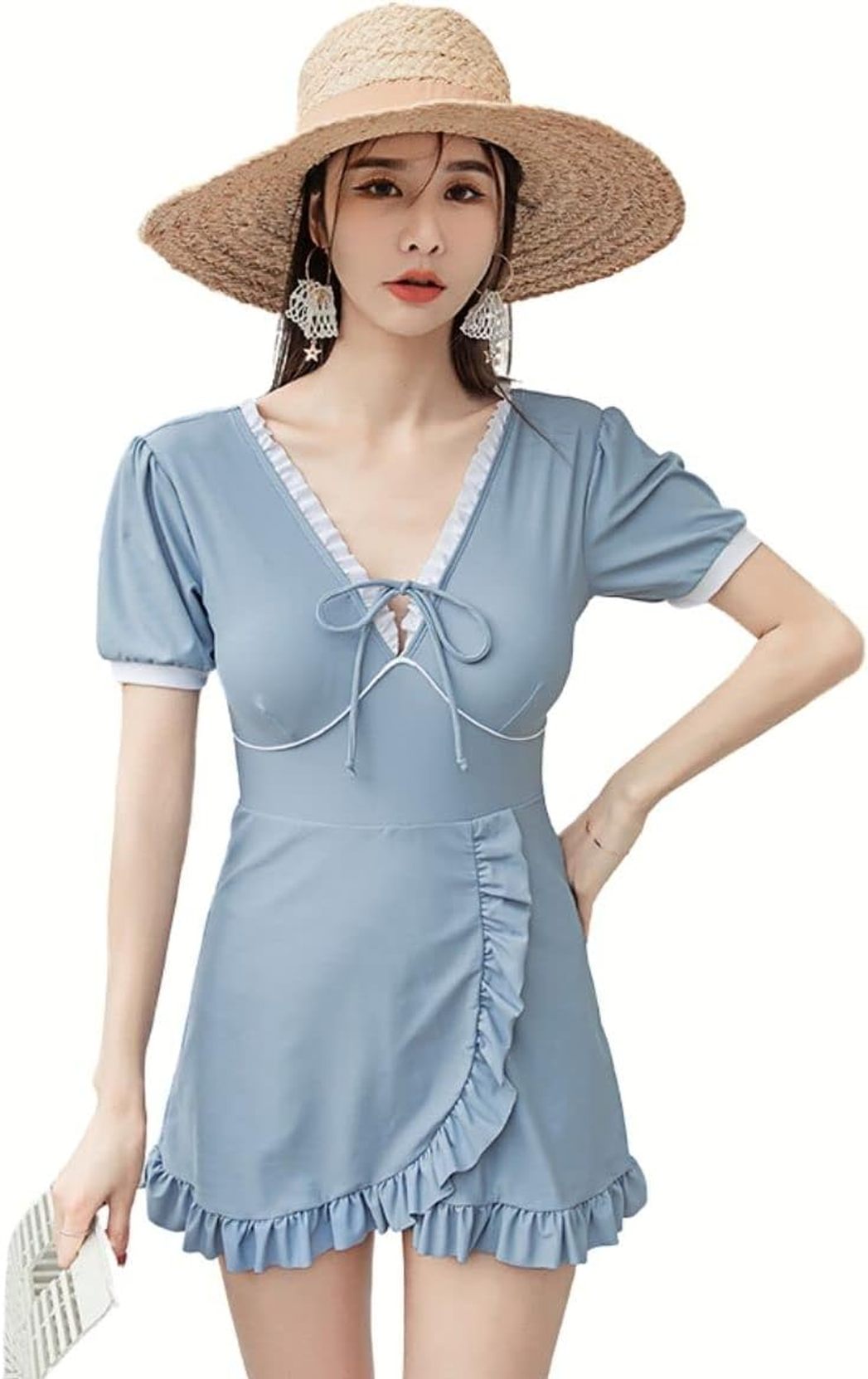 水着 レディース ワンピース みずぎ 体型カバー オールインワン スイムドレス セクシー Ｖネック 可愛い リボンデザイン 女性 フリル フレア スカート パッド入り 半袖 盛れる 夏 ワイヤーなし