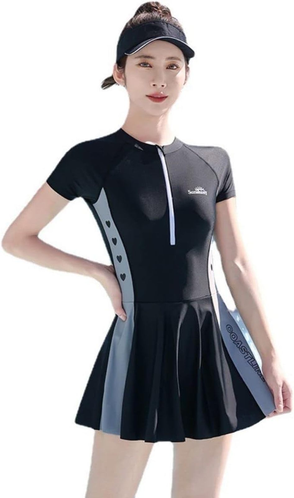 水着 レディース フィットネス ラッシュガード水着 体型カバー 半袖 ワンピース デザイン ミズギ ハイウエスト スポーティー スイムドレス 可愛い セクシー 女性 着痩せ セットアップ ファション