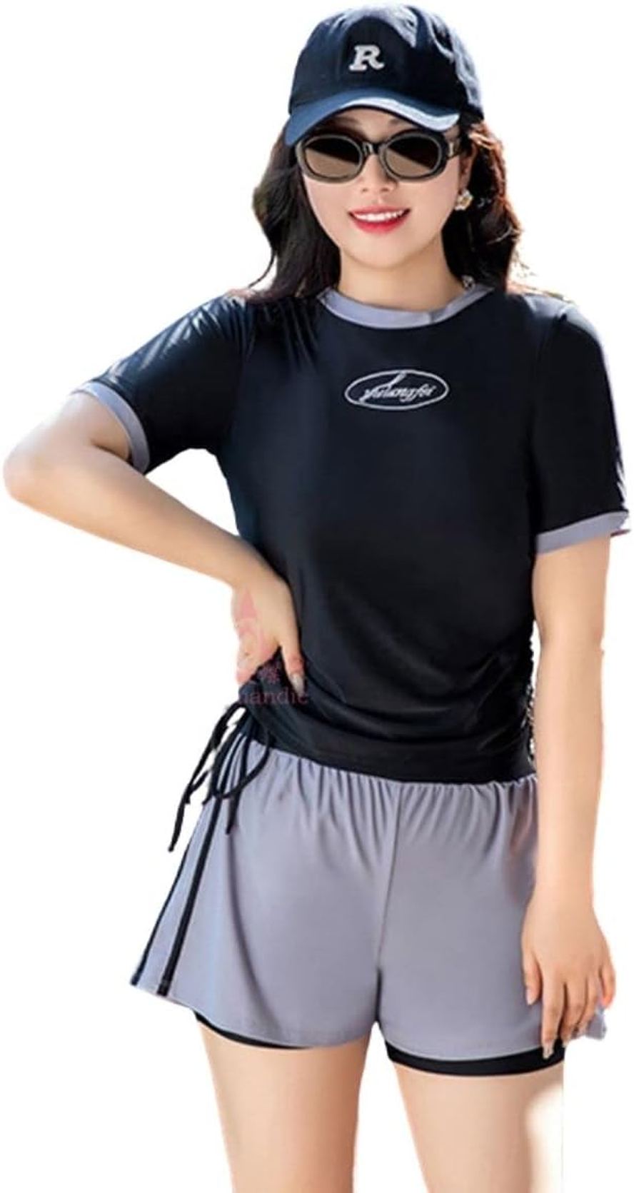 水着 レディース セパレート タンキ二 女性 2点セット 体型カバー フィットネス スポーティー水着 大きいサイズ 半袖 ラッシュガード 水陸両用 ショーツパンツ一体型 スイムウェアー