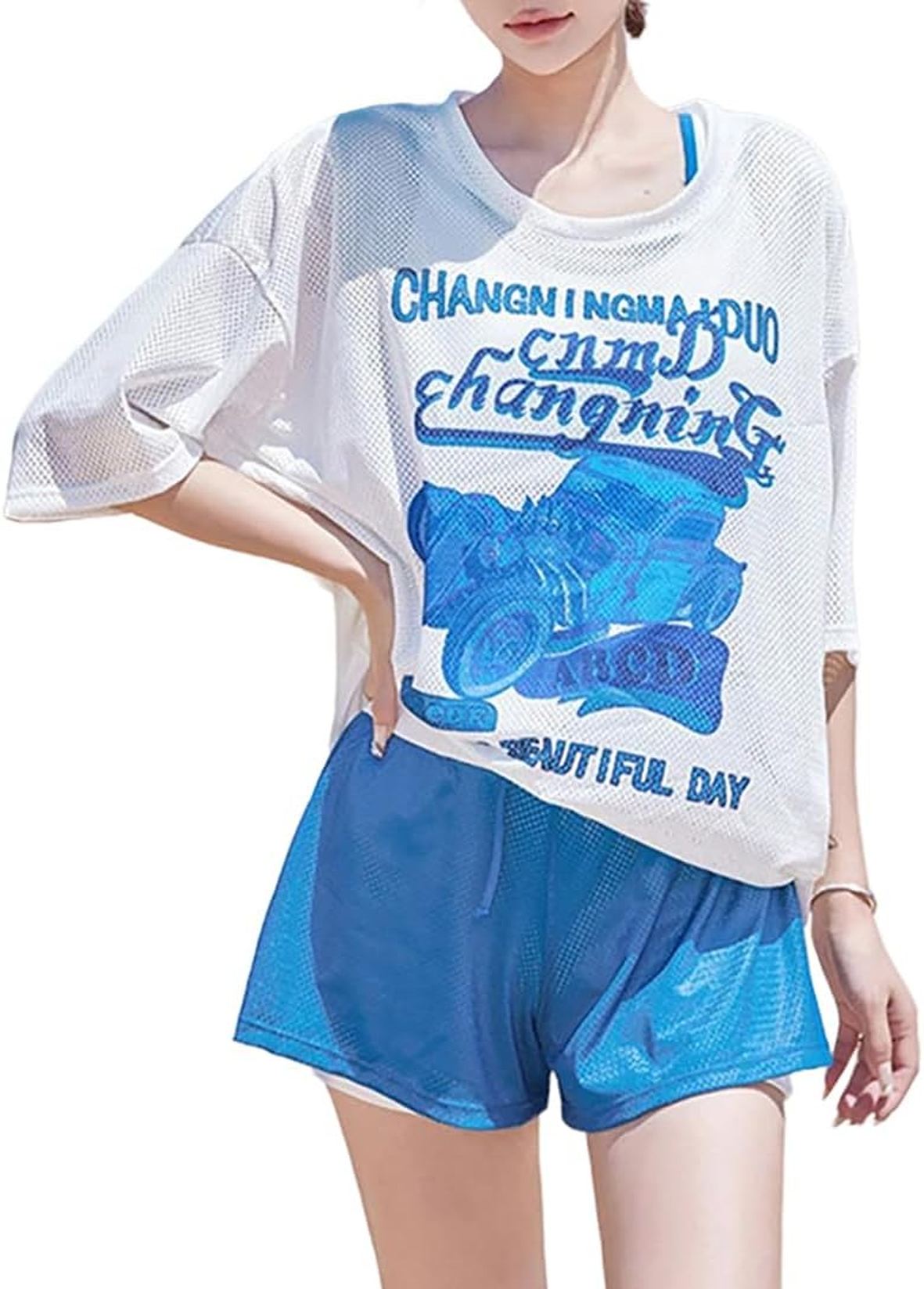 水着 レディース 半袖 シアートップス 3点セット 体型カバー 大きいサイズ セパレート スイムウェア タンキニ 上下セット 韓国 おしゃれ 露出控えめ 水陸両用 6,841円