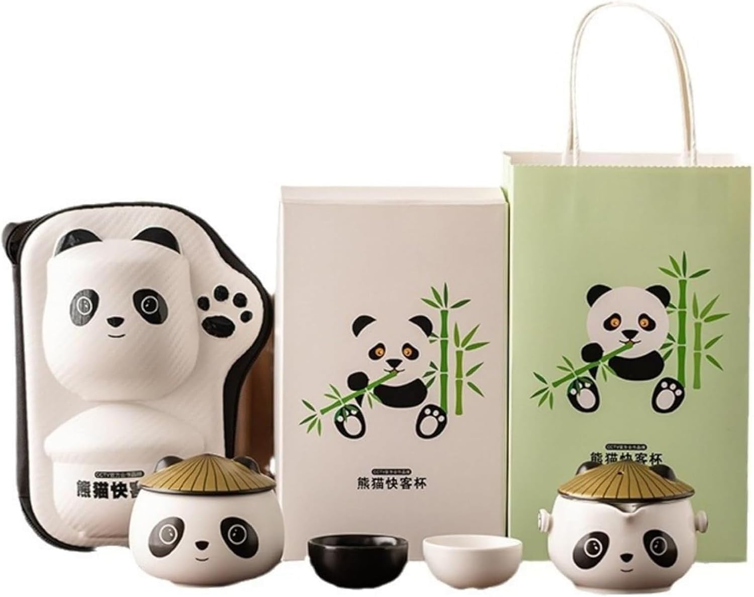 中国茶器セット 急須 湯呑みセット パンダ茶器セット 収納バッグ付き 中国茶器 コップ コンパクト 陶器 高温耐性 2人用 エレガント 旅行ティーセット 携帯茶道具 女友達 先生 (パンダ) 記念品