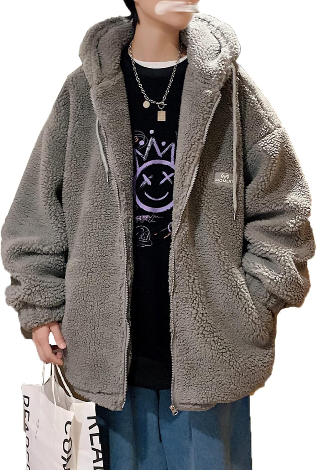 ボアブルゾン メンズ ジャンパー スタジャン フリース ジップアップ フード付き 冬服 防寒着 無地 シンプル コート オーバーサイズ 厚手 ジャケット 綿服 ファッション カジュアル トレンド