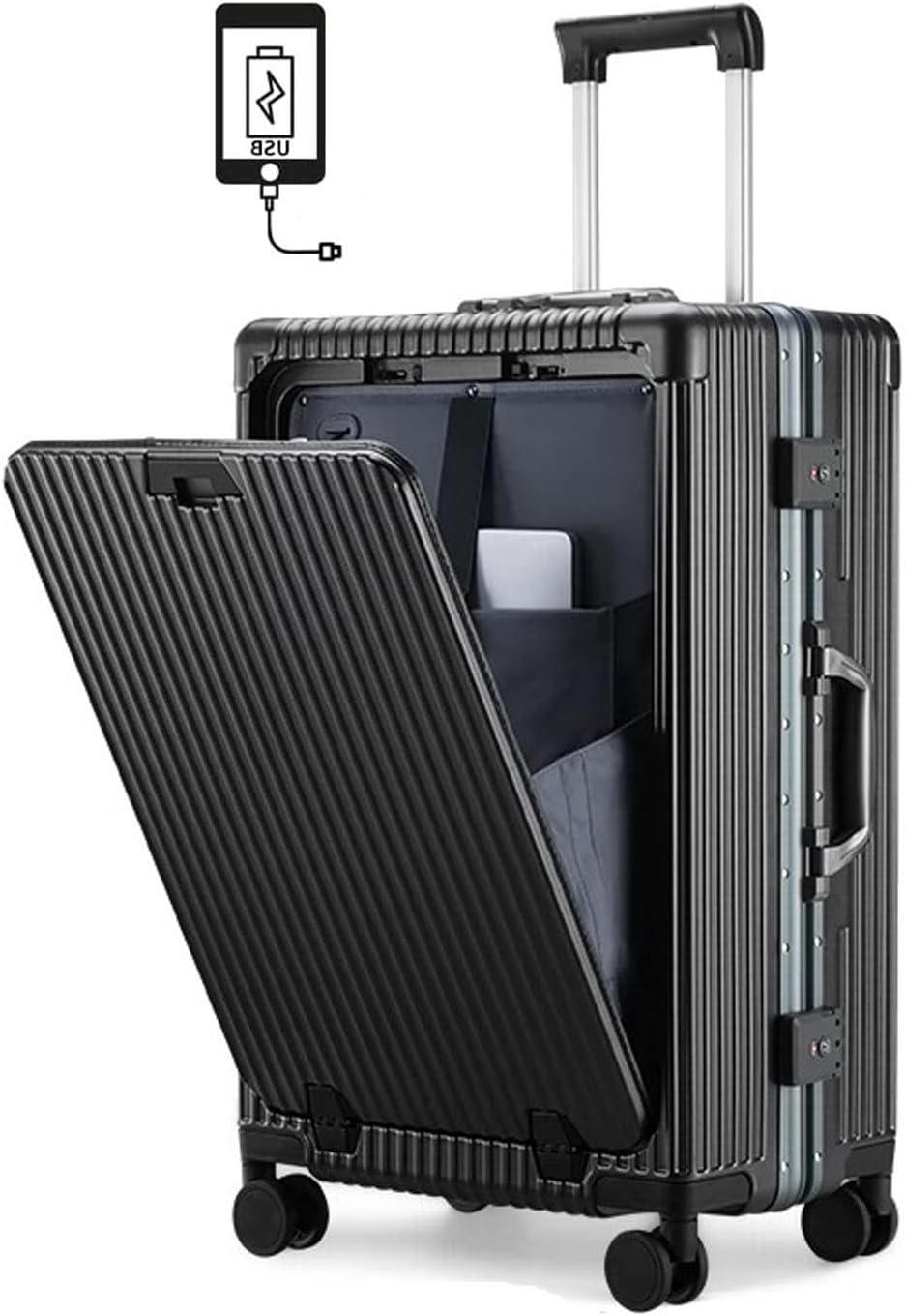 スーツケース フロントオープン キャリーケース アルミフレーム フロントポケット USB Type-C 充電口 カップボルダー TSAロック付き 携帯電話ホルダー付き 側面フック 多収納ポケット超軽