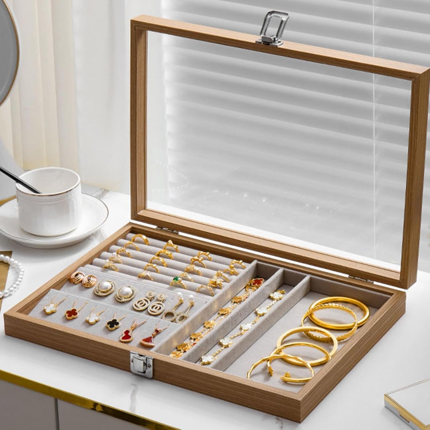 ジュエリーボックス アクセサリーケース たっぷり収納 宝石箱 PUレザー ピアス ドレッサートップ 長方形 ビーズ 広々とした 卓上 エレガント 女の子 ディスプレイ用 防塵 小物整理｜サステナライフ