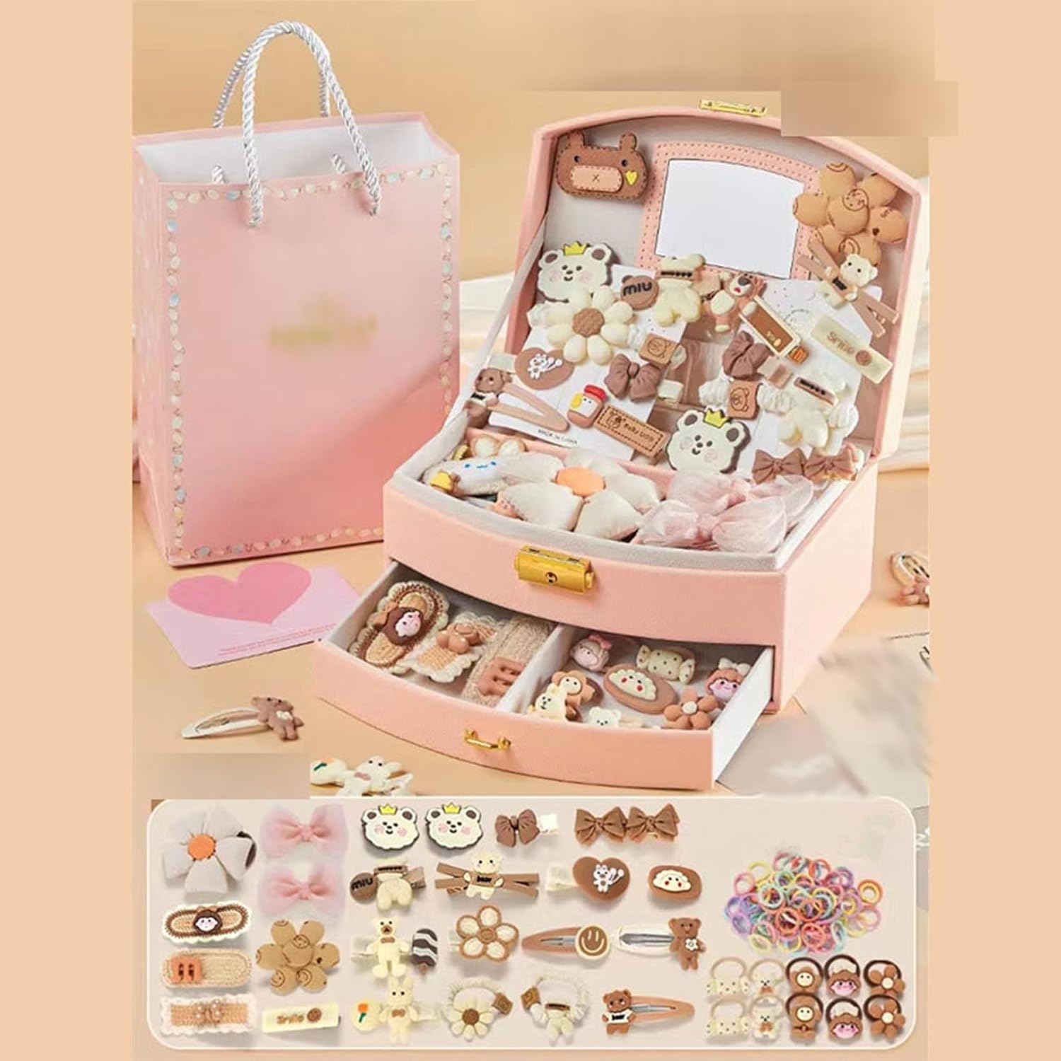 ジュエリーボックス ヘアアクセサリー付き かわいい 鏡付き 誕生日 たっぷり収納 宝石箱 レザー ネックレス ブレスレット 広々とした エレガント レディース 引き出し式 防塵 卓上整理 20*16*