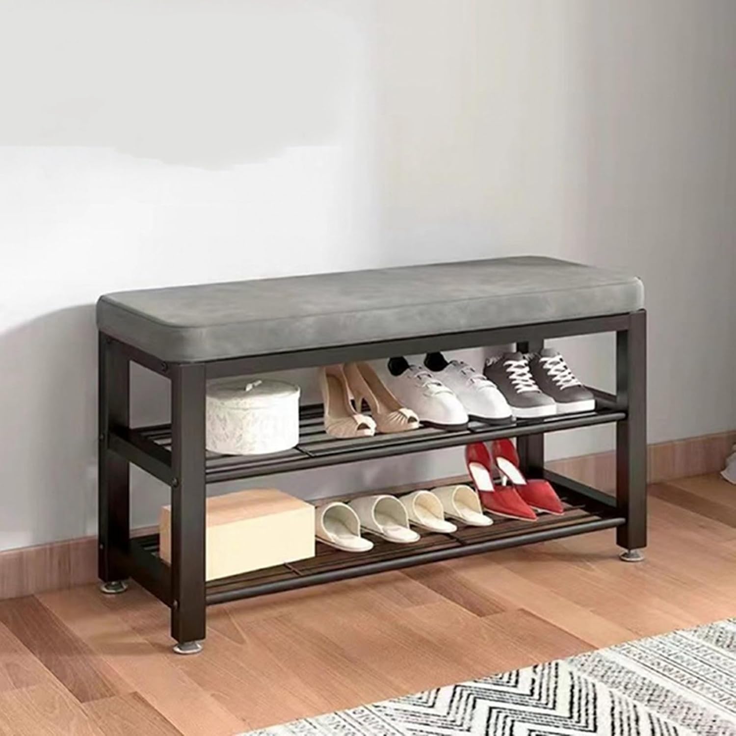 玄関ベンチ シューズラック 収納ベンチ 玄関収納 スチール製 丈夫で座れる 80*33*50cm オープンラック オープンシェルフ 靴収納 靴入れ エントランス 靴棚 靴履き替え スリム 省スペース｜サステナライフ