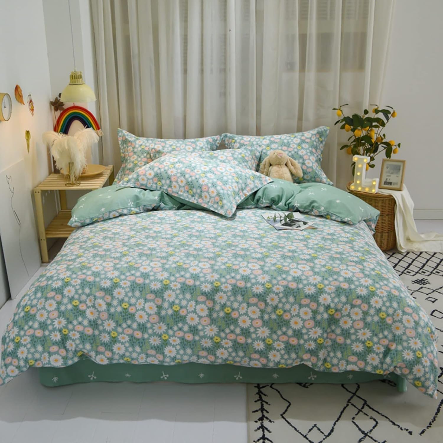 100％コットン ふとんカバー 花柄 レディース シングル ダブル かわいい うさぎ 桃心 オールシーズン 3・4点セット 寝汗対策 毛抜けにくい 洋式 シーツ 掛け布団カバー 肌触りが良い 引っ越し