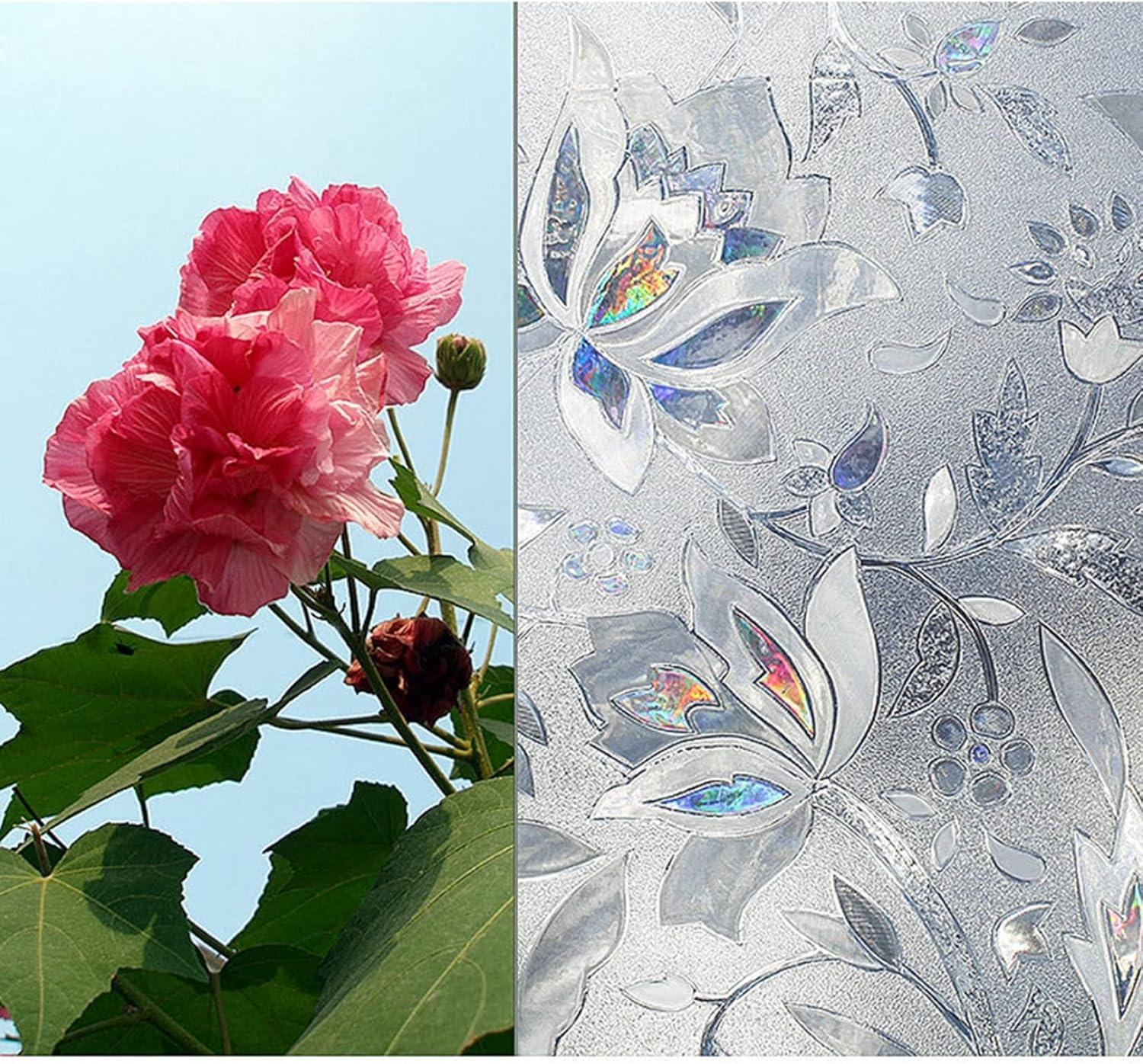 窓用写真フィルム 断熱腰かけ 磨りガラス 見えない チューリップ 虹色の明滅する光 キラキラ 花柄 水で貼れる 包みかくし腰かけ 暑さ打つ手 遮光 紫外線とり捨てる 風呂場 室内 リビング 部屋の入り口 書物棚 今めかしい かざり付ける 窓