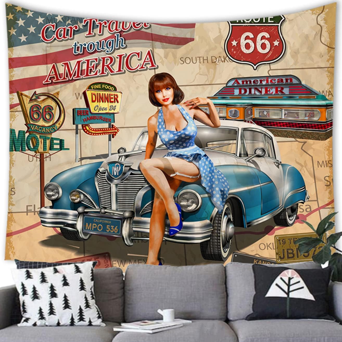ヴィンテージ風 タペストリー 壁掛け 美女と車 ルート66主題 オシャレ 壁面装飾 230x180 部屋飾り カラー モダン ウォールアート 布ポスター リビング お店 背景布 個性プレゼント 新居祝