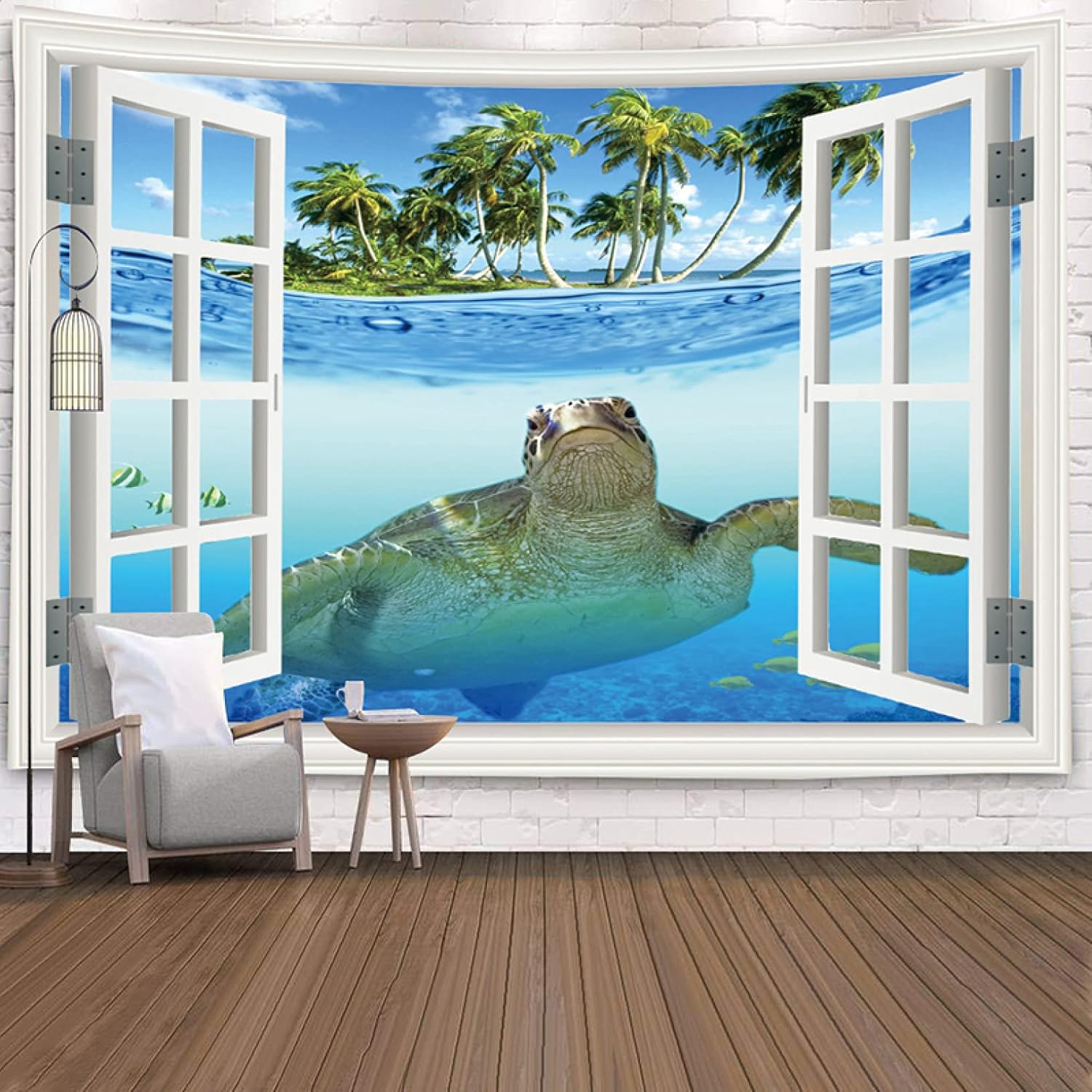 海 インテリア タペストリー 海 夏 南国 季節 風景 ビーチ ハワイ 窓 だまし絵 西海岸 アメリカ きれい さわやか 癒し おしゃれ ポスター 大きい インスタ映え グッズ 小物 230*180c