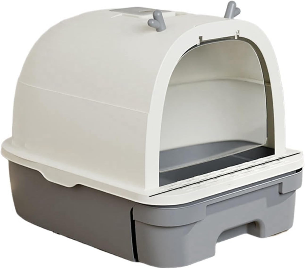 猫トイレ ドーム型 猫用トイレ本体 大型 全密閉式カバー コンパクト 引き出し式 掃除簡単 広々サイズ お手入れ簡単 砂飛び散り防止 抗菌防臭 ドア付き スコップ付き 可愛い キャットトイレ グレー|サステナライフ