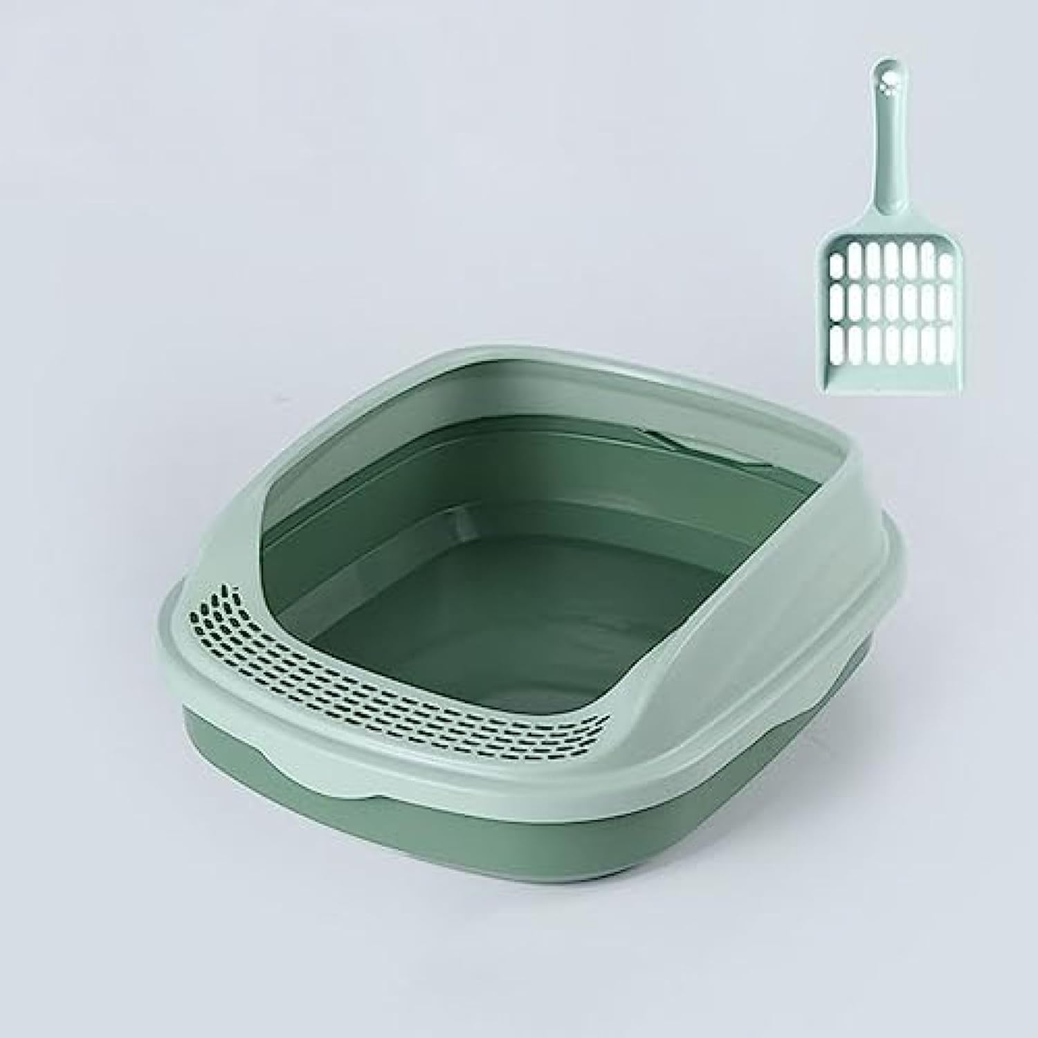 猫トイレ オープンタイプ 猫用トイレ本体 ワイドサイズ ハーフカバー 猫砂飛び散り防止 掃除簡単 コンパクト スコップ付き お手入れ簡単 キャットトイレ 猫用品 47*39*21cm|サステナライフ