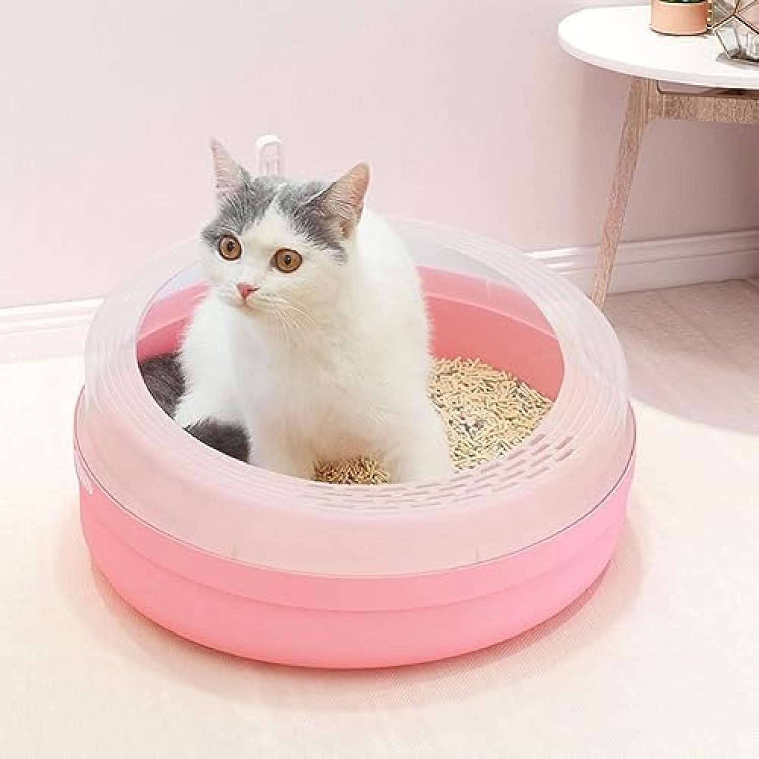 猫トイレ 丸形 ハーフカバー オープンタイプ 大型 小型 コンパクト スコップ付き 上から 軽量 猫用トイレ本体 システムトイレ 砂の飛び散り防止 水洗いできる 広々サイズ 出入り自由 キャット用品｜サステナライフ