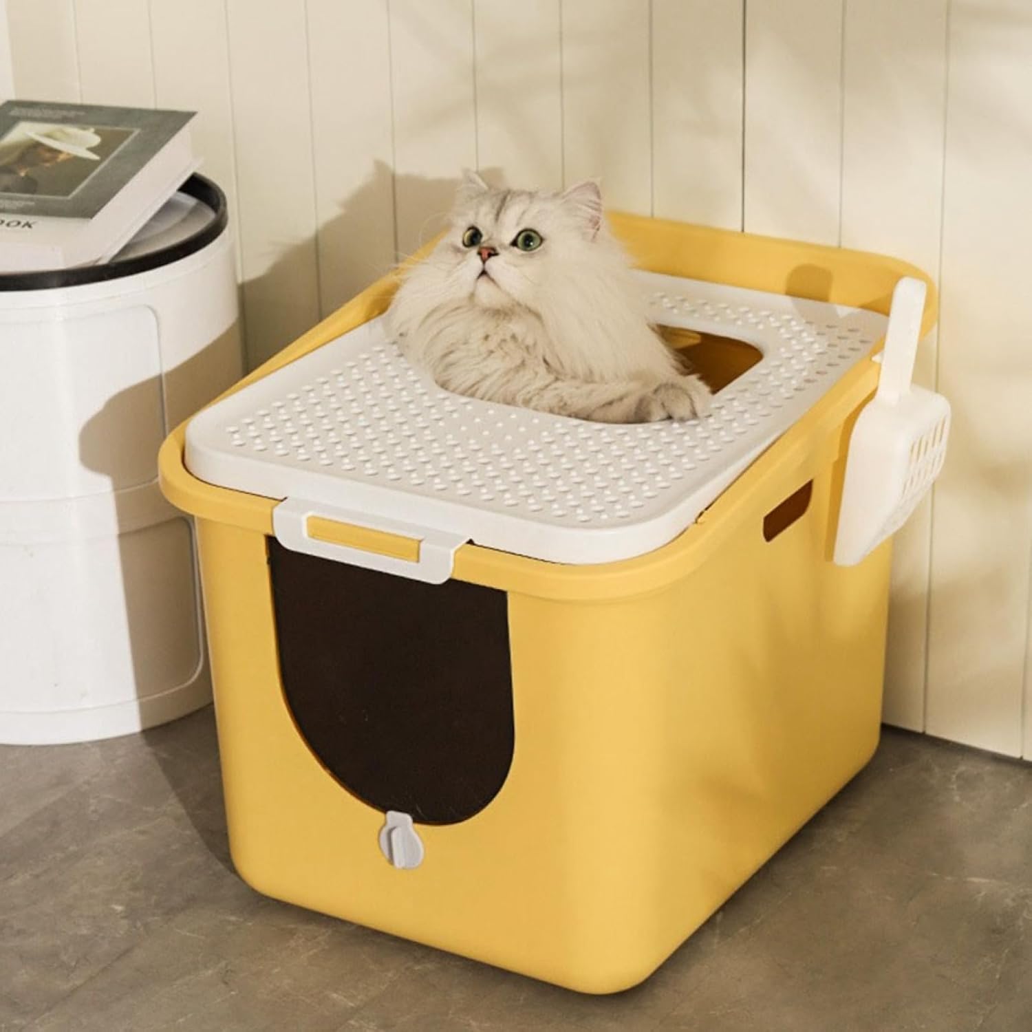 猫トイレ 大型 ドームタイプ 猫用トイレ本体 ワイドサイズ 2WAY ふた付き 猫砂飛び散り防止 ドア付き コンパクト お手入れ簡単 清潔 広々サイズ 全密閉式カバー キャットトイレ 大きめ イエロー