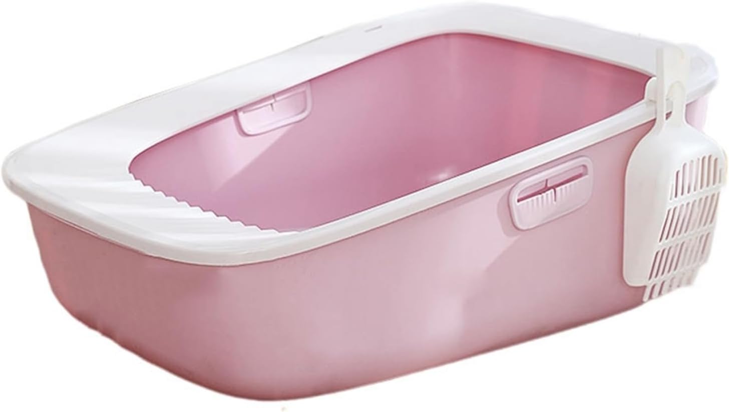 猫トイレ ワイドサイズ ハーフカバー 大型猫 キャットトイレ 猫用トイレ本体 スコップ付き 大きいサイズ オープンタイプ 通気 可愛い お手入れ簡単 飛散防止 猫砂盆 ピンク 44x61x25cm