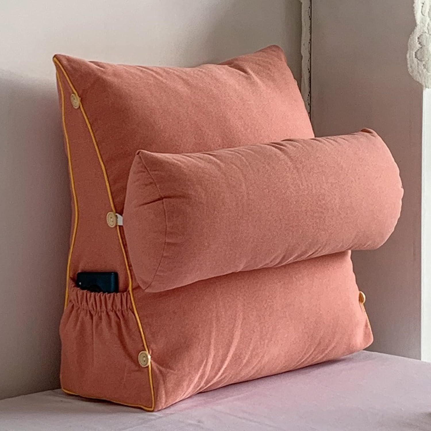 背もたれ クッション 45*45*20cm 三角クッション ピンクB 三角 枕 クッション テレビ枕 足枕 腰枕 3段調節 腰クッション 筒型の枕付き ポケット付き ソファ 座布団 60*50*20c