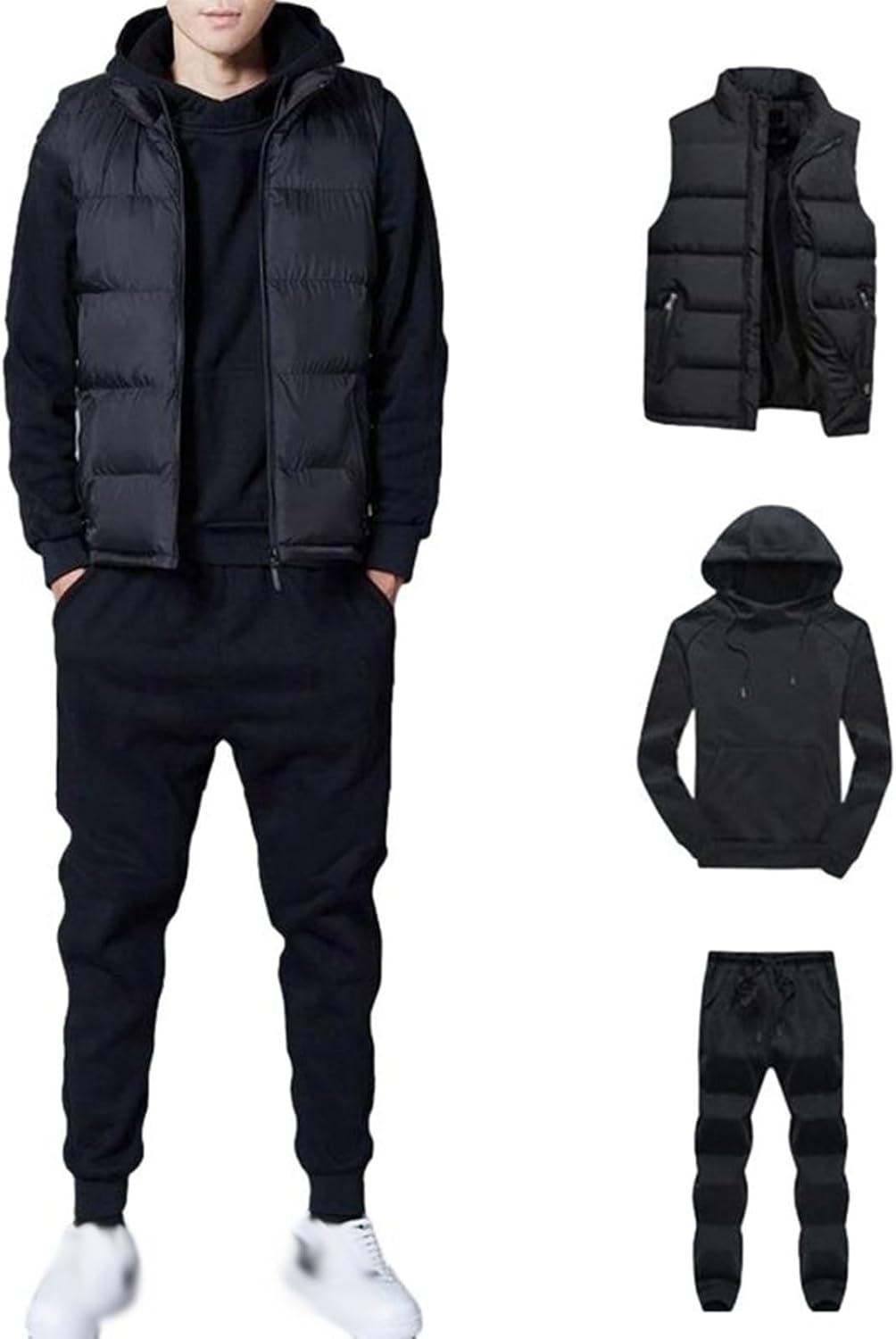 上下セット 中綿ベスト パーカー フード ロングパンツ 3点セット 綿入れ メンズ 無袖綿服 秋 冬 トップス カッコイイ ファッション 保温 スポーツウェア 防寒ベスト 通勤通学 男女兼用 ソフト