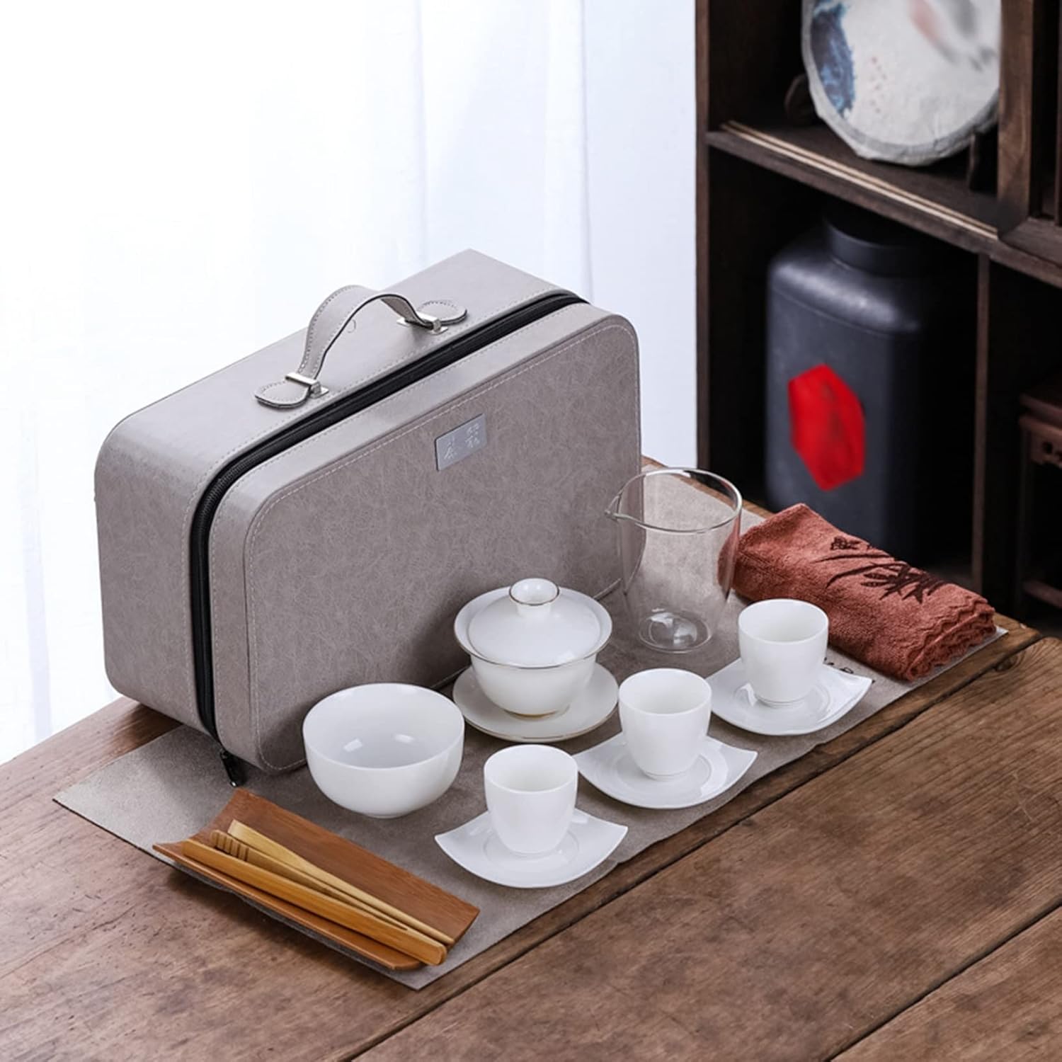 急須セット 湯呑み マルチ ティーセット 茶具 茶具セット 茶器 中国茶器 耐熱 茶入れ 茶こし付 磁器 コンパクト シンプル 和風 手作り 車載 登山 会社 通勤 贈り物 ギフト 紅茶 工芸茶 リー