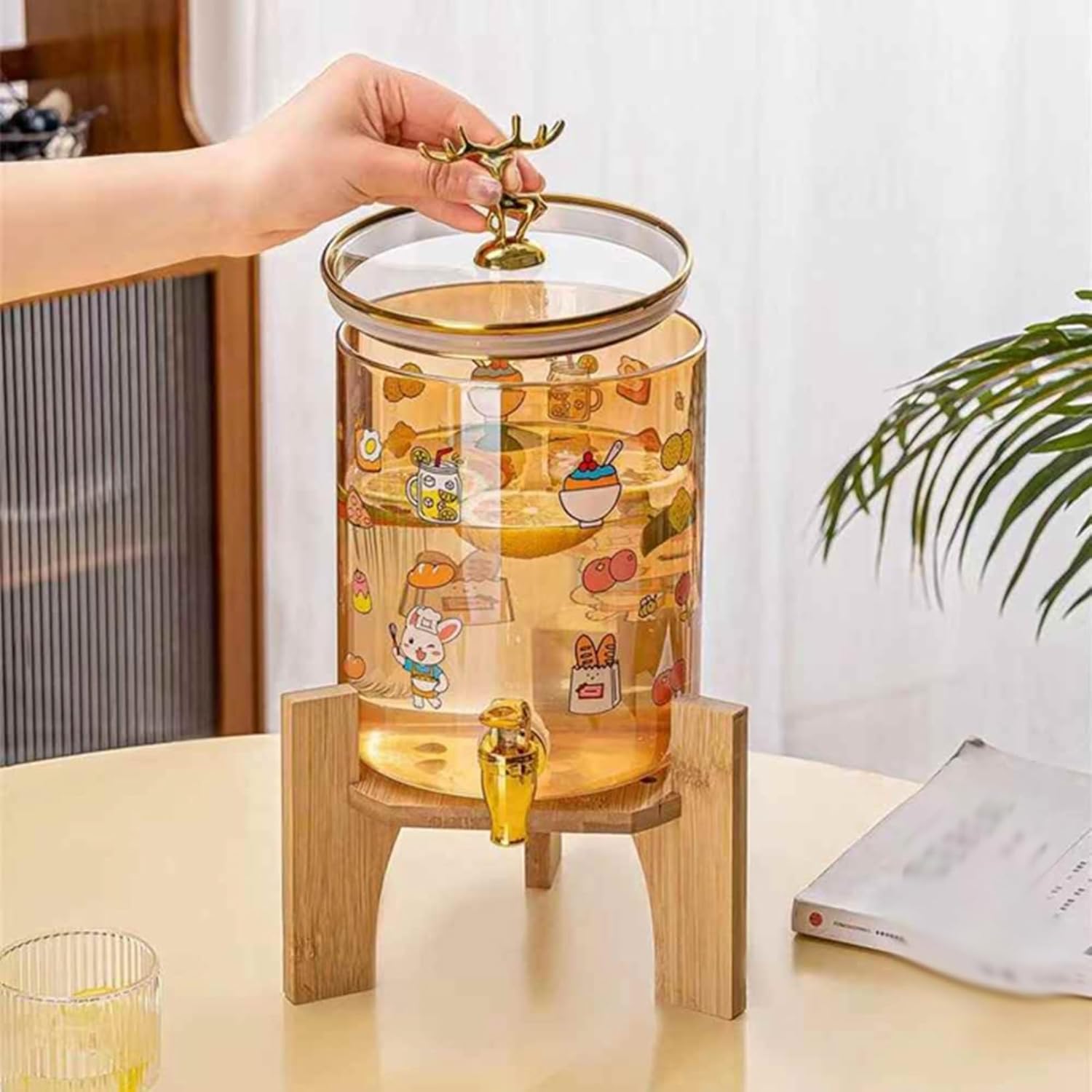 硝子取っておく貯蔵タンク ドリンク水さし 清涼飲料水入れもの 卓上 木ノ実酒 ドリンク お水水さし 冷水筒 硝子製 硝子入れもの 竹の木製鉤括弧 飲み料水井戸釣瓶 飲み料ディスペンサー フルーツ紅茶