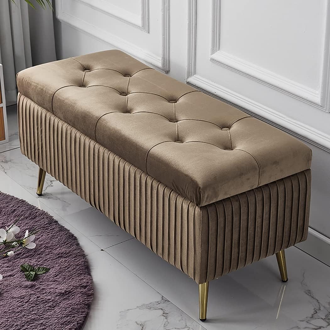 収納ベンチ、100 * 40 * 45CMモダンなベルベット収納ベンチオットマン、布張りの収納ベンチ、ベッドルームリビングルーム用の金色の金属脚を備えたタフテッドボタン玄関ベンチ P