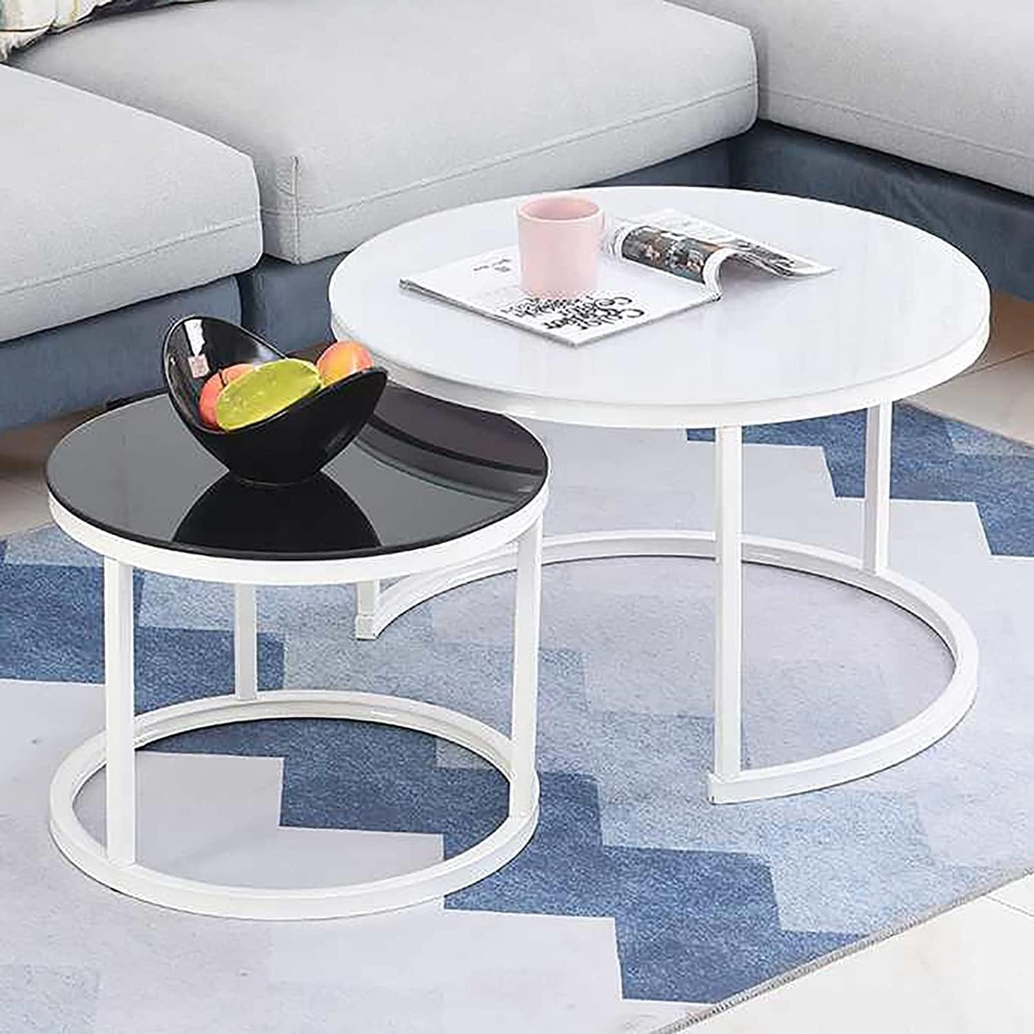 モダンなリビングルームコーヒーテーブルネストテーブルラウンド、シンプルスタイルネストコーヒーテーブル2個セット、強化ガラスモダンアクセントサイドエンドテーブル、堅牢なスチールフレーム、リビングルームオ｜サステナライフ 49,642円