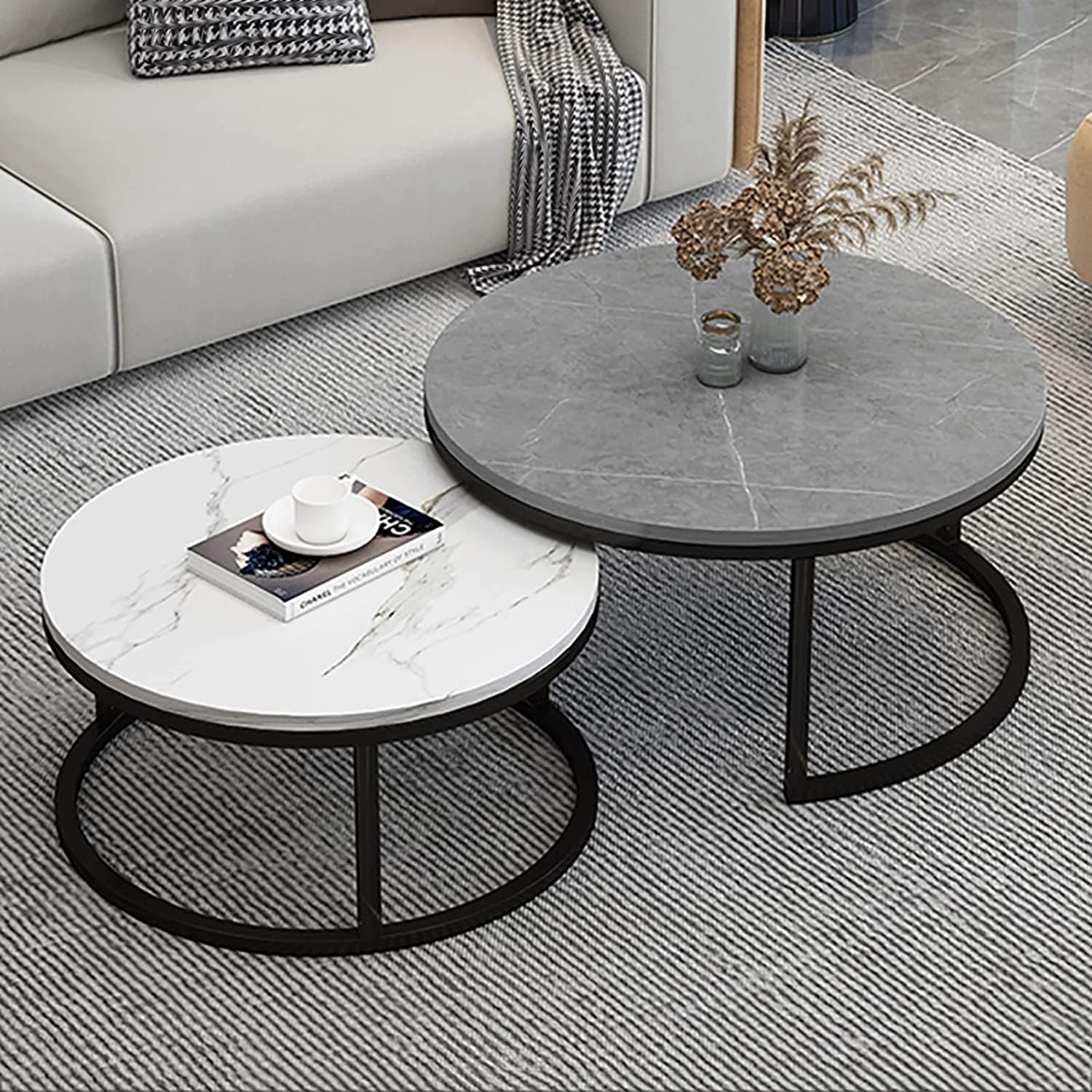 モダンなリビングルームのコーヒーテーブルネストコーヒーテーブル、ラウンドネストテーブル2個セット、モダンなアクセント大理石のサイドエンドテーブル、堅牢なスチールフレーム、狭いスペースのリビングルームバ｜サステナライフ