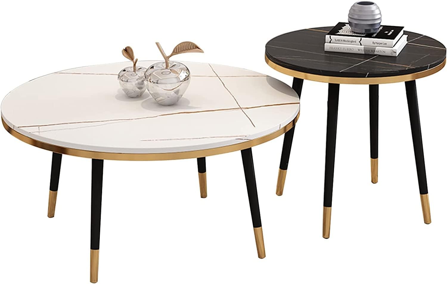 モダンなリビングルームコーヒーテーブルネストコーヒーテーブル、ラウンドネストテーブルモダンアクセント、人工スレートソファサイドエンドテーブル2個セット、ブラックメタル脚、組み立て簡単、狭いスペース用リ｜サステナライフ